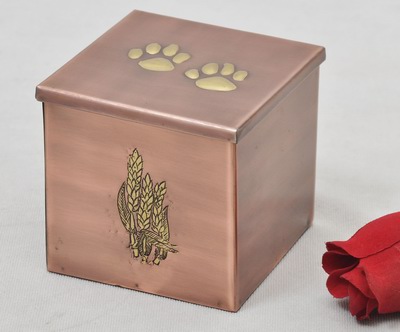 PET CREMATION PAW MARK URN
ITEM NO. 6888
MATERIAL:- IRON RECTANGLE PET URN.
SIZE:- 14 CMS.
CAPACITY:- 1.50  ML
FINISH:- COPPER ANTIQUE GOLDEN ENGRAVED PAW MARK AT THE  TOP OF LID.
PRICE:-
PACKING :- SINGLE BOX UNDER 36 PCS MASTER CARTON

Keywords: PET URN