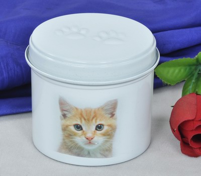 IRON PET CHEAP URN
ITEM NO. 6895
MATERIAL:- IRON ROUND PET URN.
SIZE:- 12 CMS.
CAPACITY:- 1.00 ML
FINISH:-  IVORY WHITE TOP PAW MARK CAT COMPUTERISED IMAGE.
PACKING :- SINGLE BOX UNDER 48 PCS MASTER CARTON
Keywords: ASHES FOR POT