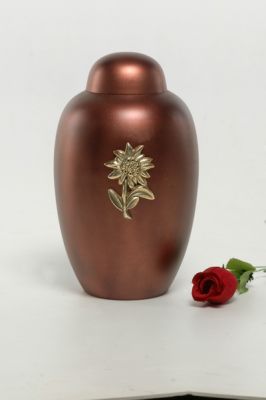 METAL CREMATION ADULT URN
ITEM NO. 6602
DESCRIPTION:- METAL CREMATION URN
SIZE:-  25 CM.
CAPACITY:- 3.50 ML
FINISH:-  DOM TOP BROWN COPPER SUNFLOWER
PRICE:- 
PACKING:- SINGLE BOX STYRO FOAM UNDER 4 PCS MASTER CARTON

Keywords: FUNERAL URN