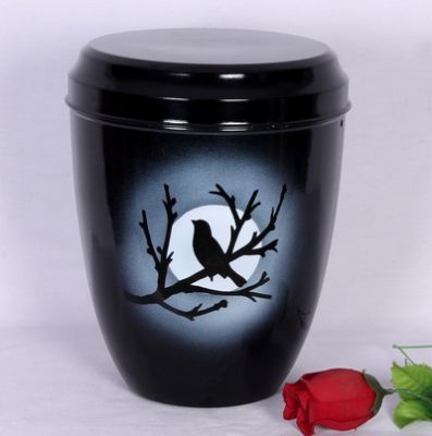 IRON CHEAP URN.
ITEM NO. 6842
DESCRIPTION:- IRON URN.
SIZE:- 25 CMS.
CAPACITY:-3.50 ML
FINISH:-  BLACKGLOSSY WITH WHITE SPOT SITTING BIRD TREE BRANCH LIGHT DISPLAYING.
PRICE:-
PACKING:- SINGLE BOX STYRO FOAM UNDER 4 PCS MASTER CARTON
Keywords: FUNERAL URN