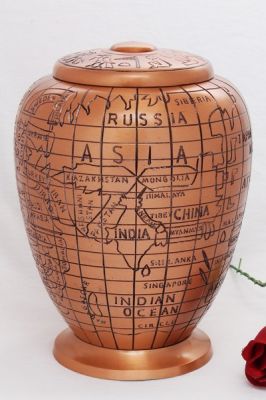ALUMINIUM CREMATION URN
ITEM NO. 7058
MATERIAL:- ALUMINIUM
DESCRIPTION:- METAL CREMATION URN
SIZE:- 24 CM.
CAPACITY:- 3.50 ML
FINISH:-  COPPER ENGRAVED WORLD GLOBE
PRICE:- 
PACKING:- SINGLE BOX STYRO FOAM UNDER 4 PCS MASTER CARTON
Keywords: FUNERAL URN