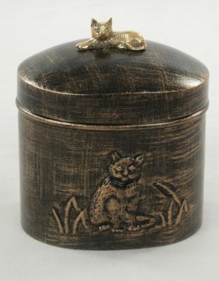 IRON PET CHEAP URN
ITEM NO. 7182
MATERIAL:- IRON OVAL PET URN.
SIZE:- 16X16 CMS.
CAPACITY:-  1.500 ML.
FINISH:-  BRASS BLACK ANTIQUE ENGRAVED CAT & BRASS CAT RESSTING AT THE TOP OF LID.
PACKING :- SINGLE BOX UNDER 12 PCS 7 LAYER CORRUGATED MASTER CARTON.
Keywords: PET URN