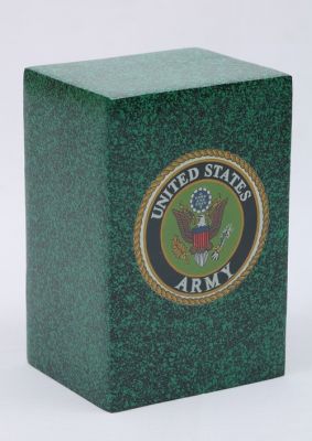 ALUMINIUM URN
ITEM NO. 7242
DESCRIPTION:- ALUMINIUM RECTANGLE URN
SIZE:-  23X13X15 CMS.
CAPACITY:-2.50 ML
FINISH:-  GREEN MARBLE WITH US ARMY LOGO.
PRICE:-
PACKING:- SINGLE BOX STYRO FOAM UNDER 4 PCS MASTER CARTON

Keywords: FUNERAL URN